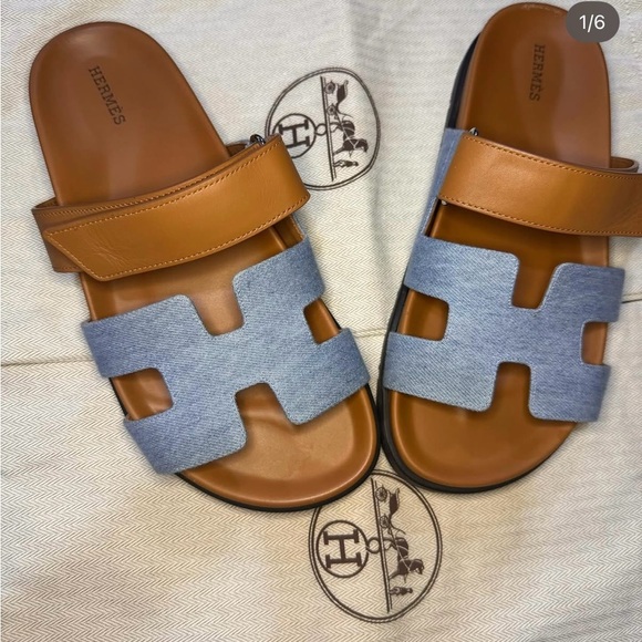 Hermes Leather and Denim Sandals - Picture 1 of 7